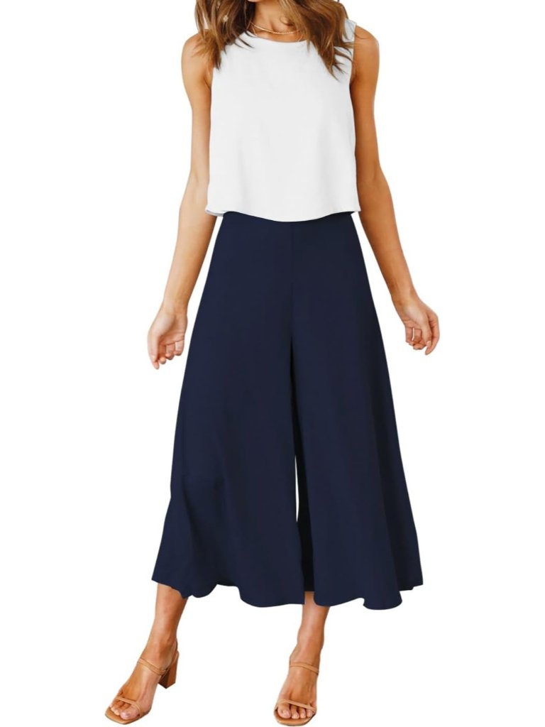 Women's Summer 2 Piece White Navy Round Neck Crop Top Cropped Wide Leg Jumpsuit